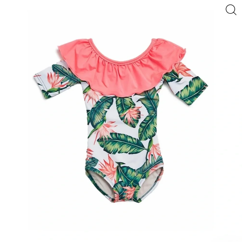 Tropical Leaf Kids Swim One Piece. By boutique brand Petite Hailey